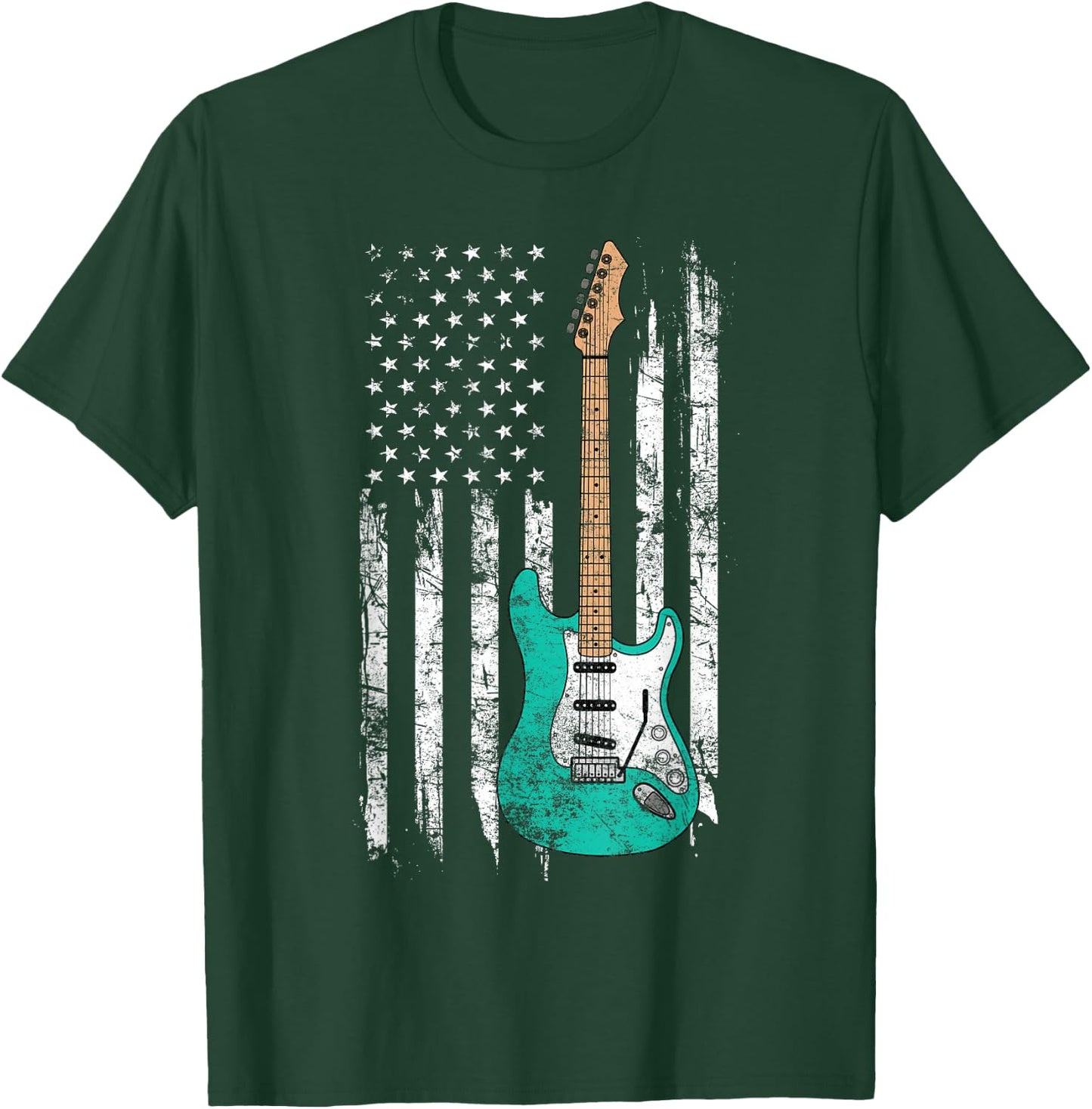 Vintage Guitar - American US Flag T-Shirt - T-Shirt | Forest