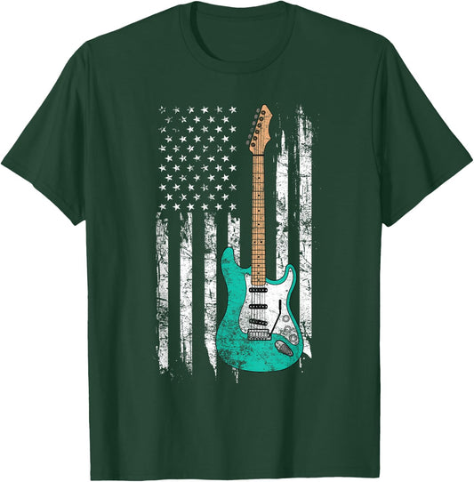 Vintage Guitar - American US Flag T-Shirt - T-Shirt | Forest