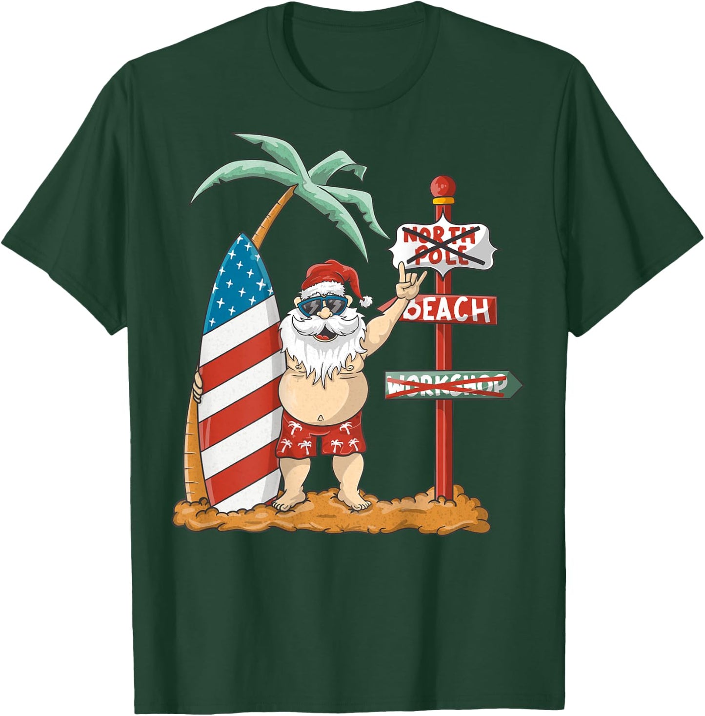 Surfing Santa With USA Patriotic Surfboard Christmas in July Women Kids Men T-Shirt - T-Shirt | Forest