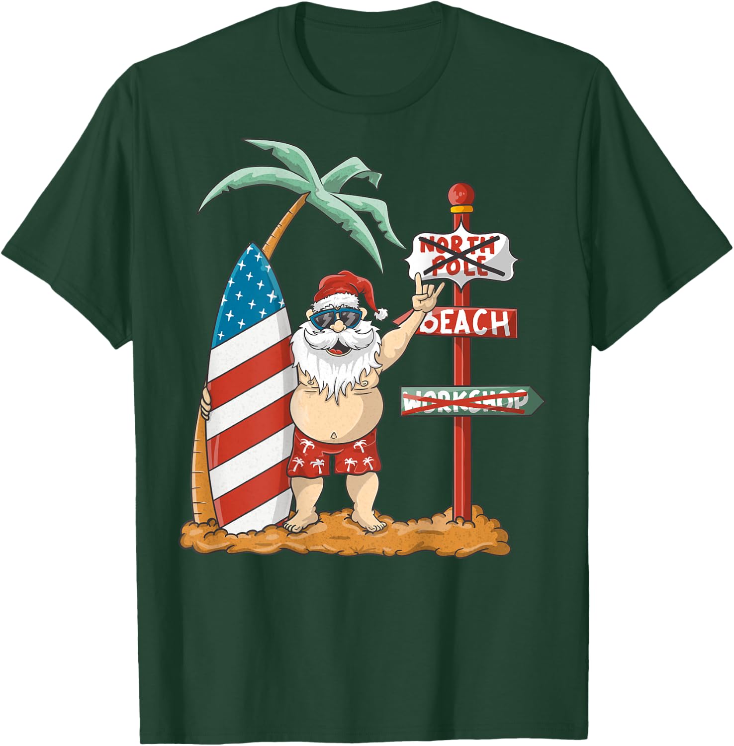 Surfing Santa With USA Patriotic Surfboard Christmas in July Women Kids Men T-Shirt - T-Shirt | Forest