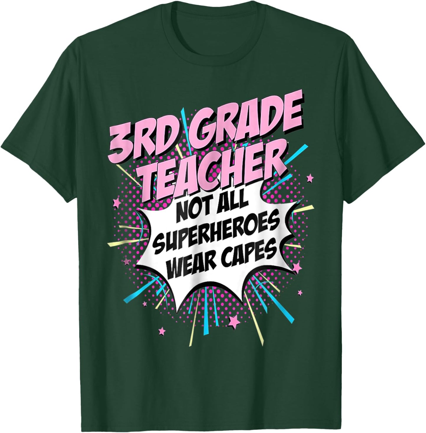 3rd Grade Teacher Superhero Cute Comic Gifts Idea T-Shirt - T-Shirt | Forest