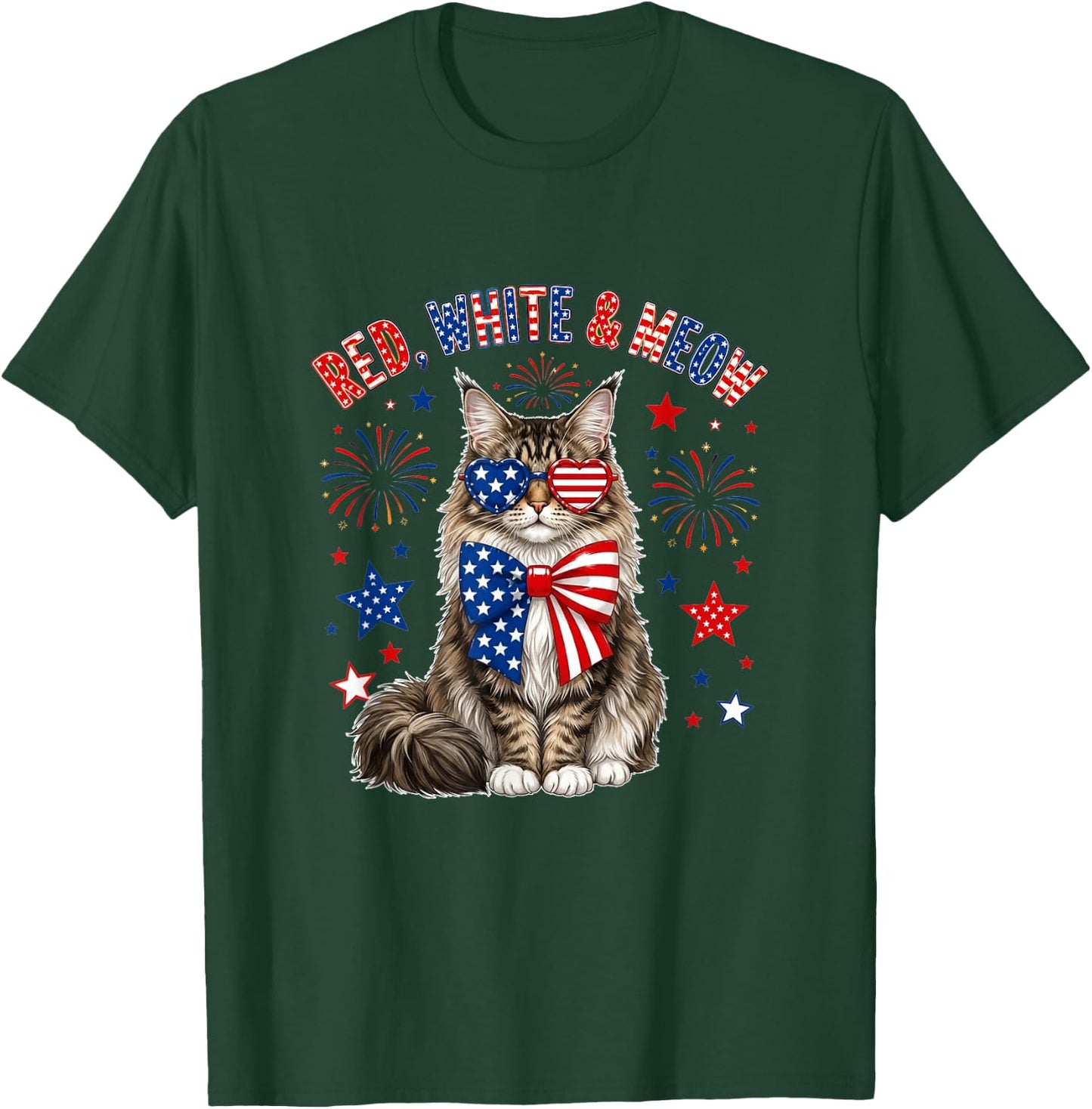 Red White and Maine Coon Cat Sound 4th of July US Flag Owner T-Shirt - T-Shirt | Forest