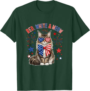 Red White and Maine Coon Cat Sound 4th of July US Flag Owner T-Shirt - T-Shirt | Forest
