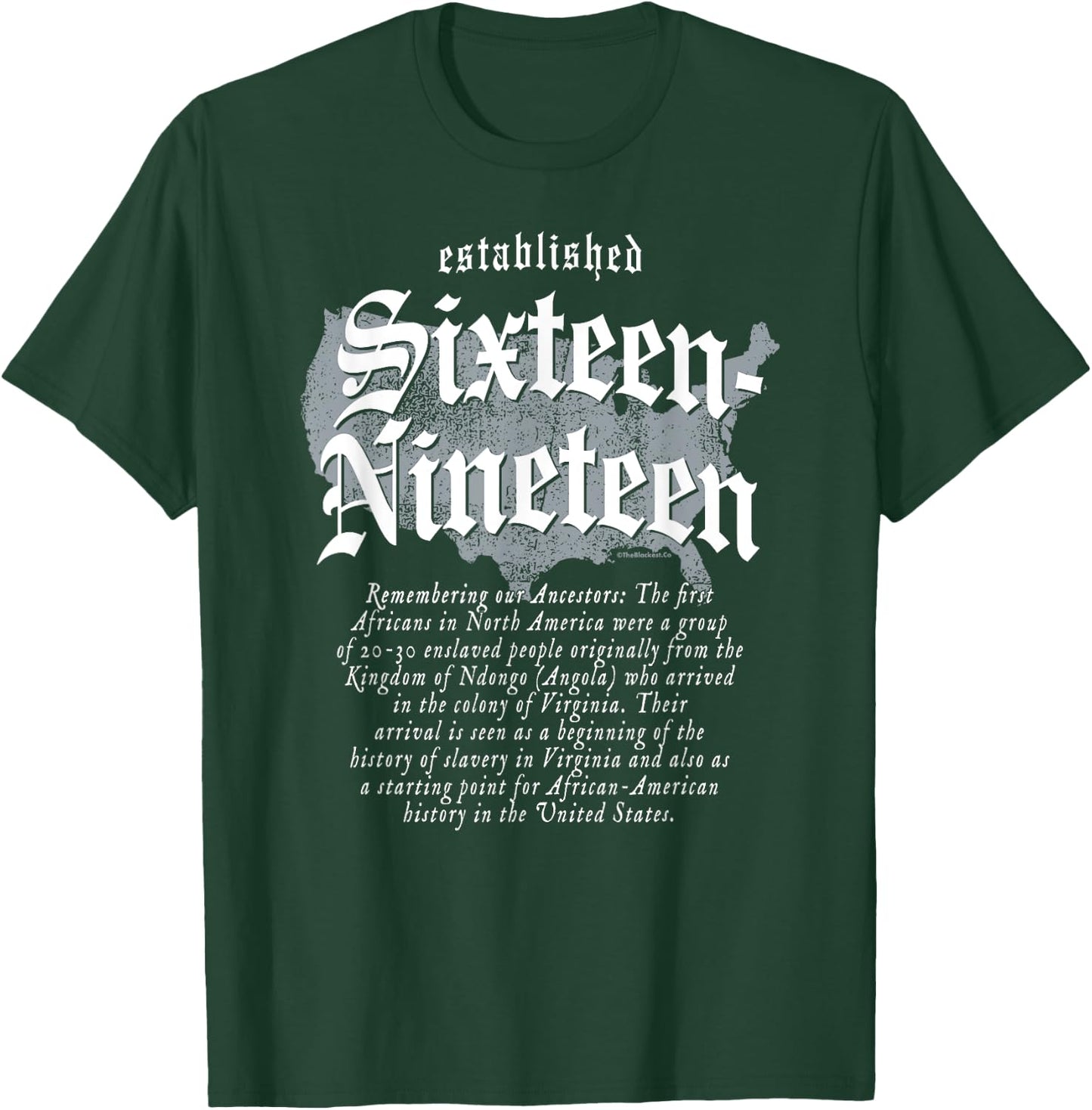 TheBlackest Co. Project Sixteen-Nineteen Established African American Map - -Adults/Kids - Black - Short Sleeve - Classic Fit - Cotton/Polyester - Size S (US) T-Shirt - T-Shirt | Forest