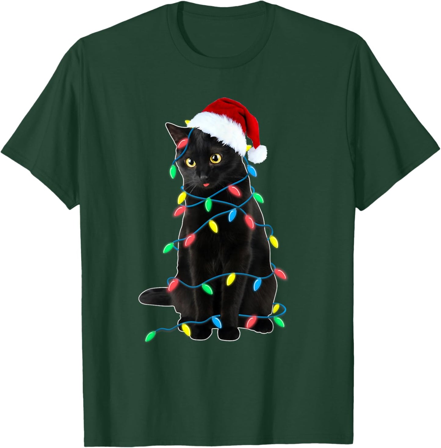 Black Cat Christmas Tree Lights Funny Santa Kitten Led Light T-Shirt - T-Shirt | Forest