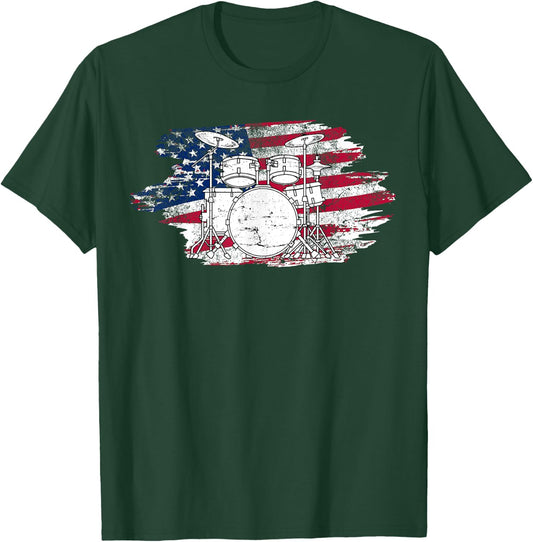 Cool Drummer Art Women America US Flag Drum Set T-Shirt - T-Shirt | Forest