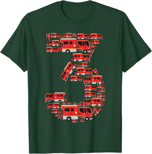 Fire Truck 3rd Birthday Boy 3 Year Old Toddler Firefighter T-Shirt - T-Shirt | Forest