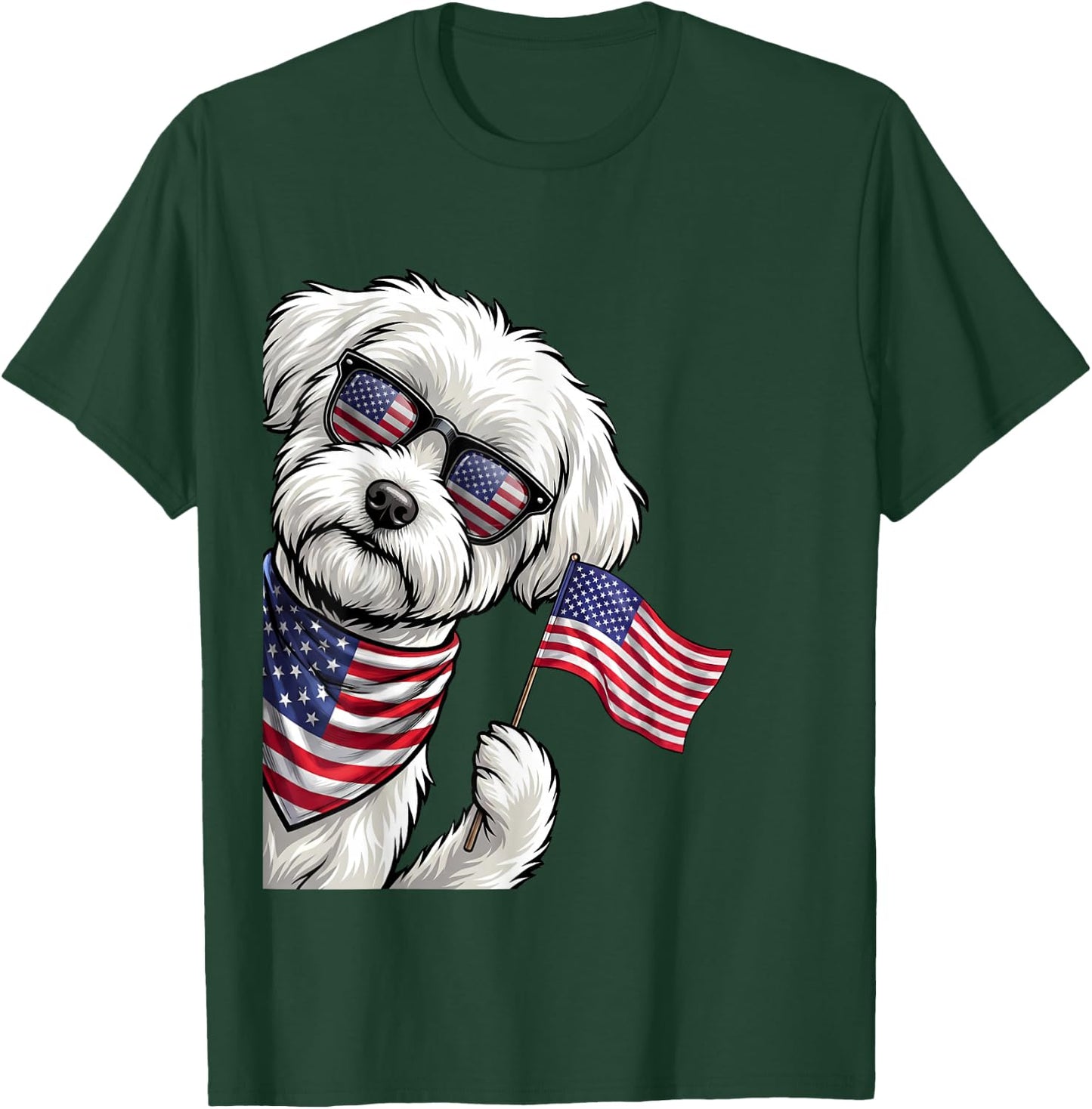 Maltese Dog Patriotic American Flag 4th of July USA T-Shirt - T-Shirt | Forest
