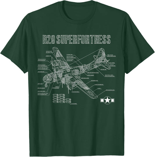 World War 2 Aircraft Blueprint WWII B29 Superfortress Bomber T-Shirt - T-Shirt | Forest