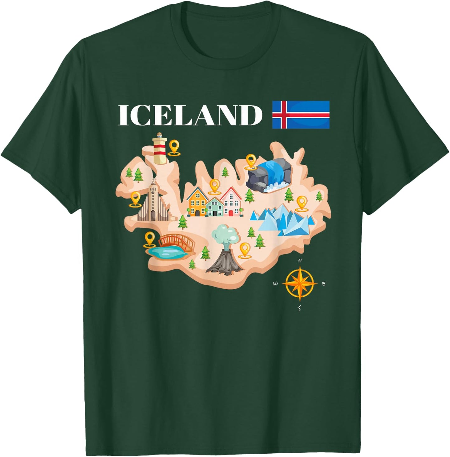 Iceland Map Souvenir Eyjafjallajokull Puffin Travel T-Shirt - T-Shirt | Forest