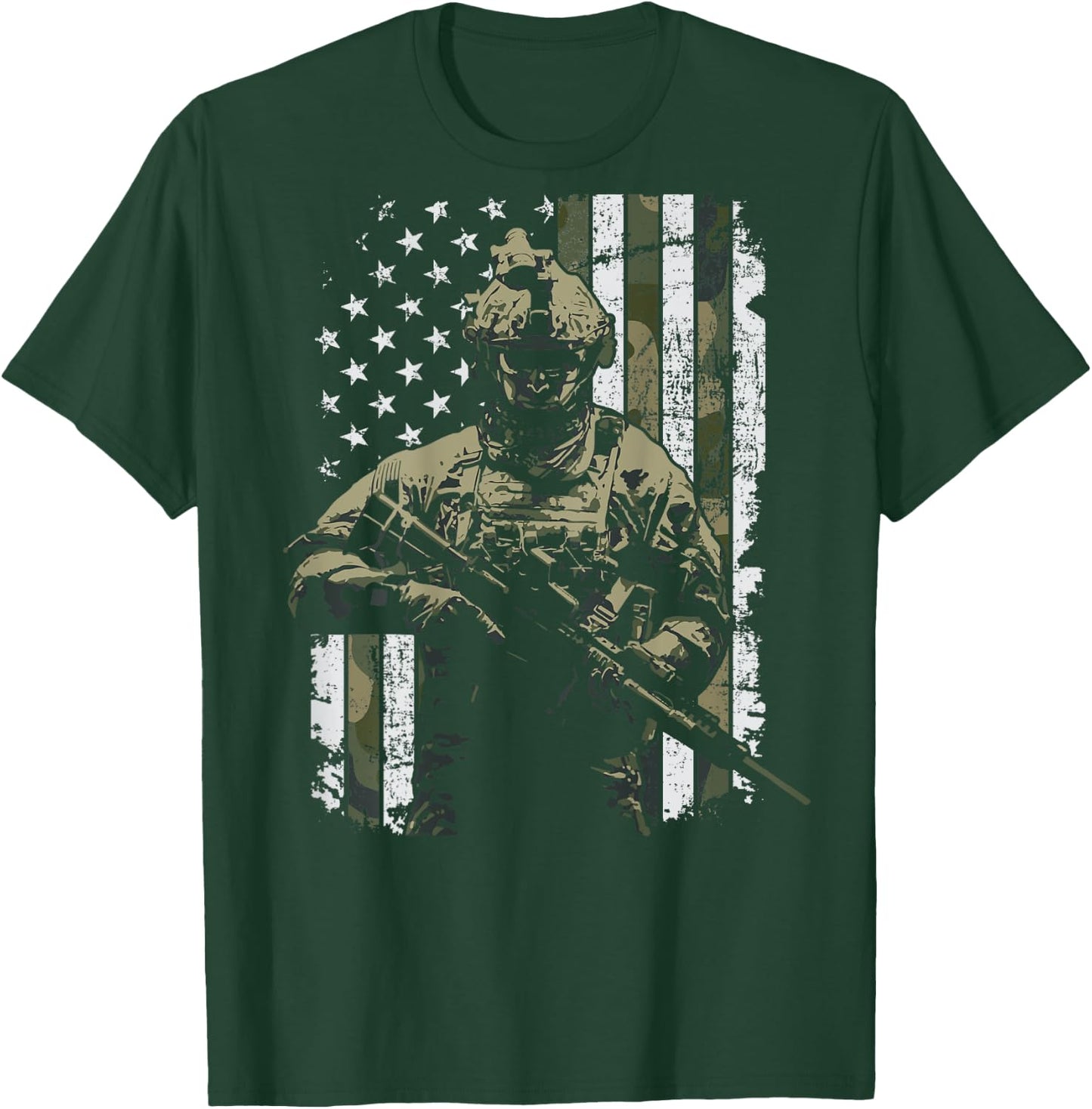 Military Soldier Combat Veteran Camouflage USA Flag -ON BACK T-Shirt - T-Shirt | Forest