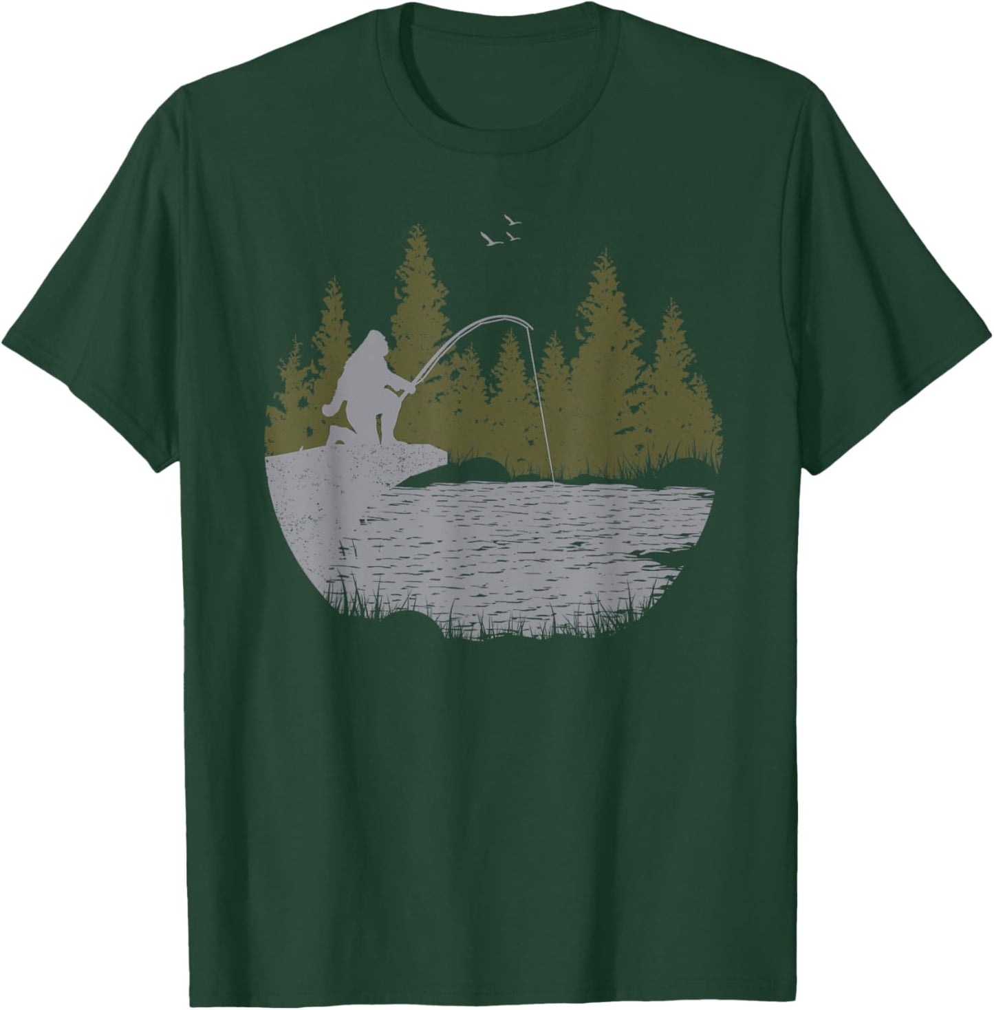 Funny Bigfoot Fishing Sasquatch & Trees Distressed Fisherman T-Shirt - T-Shirt | Forest