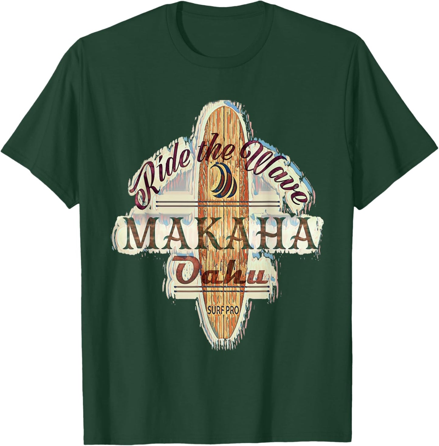 Surfing, Surfboard, Distressed Longboard Makaha Oahu T-Shirt - T-Shirt | Forest