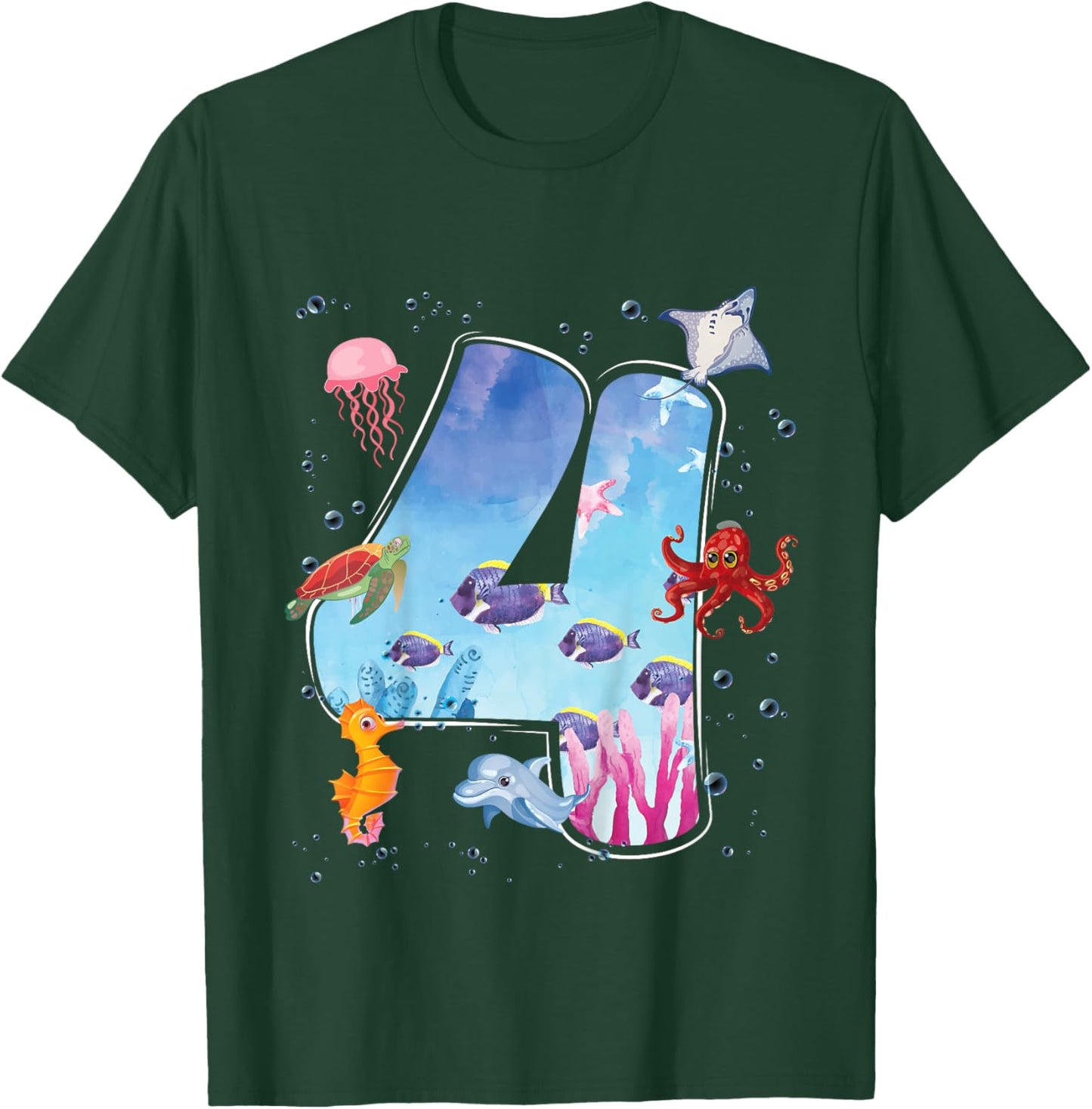 Kids 4th Birthday Party Ocean 4 Year Old Sea Fish Aquarium Boy T-Shirt - T-Shirt | Forest