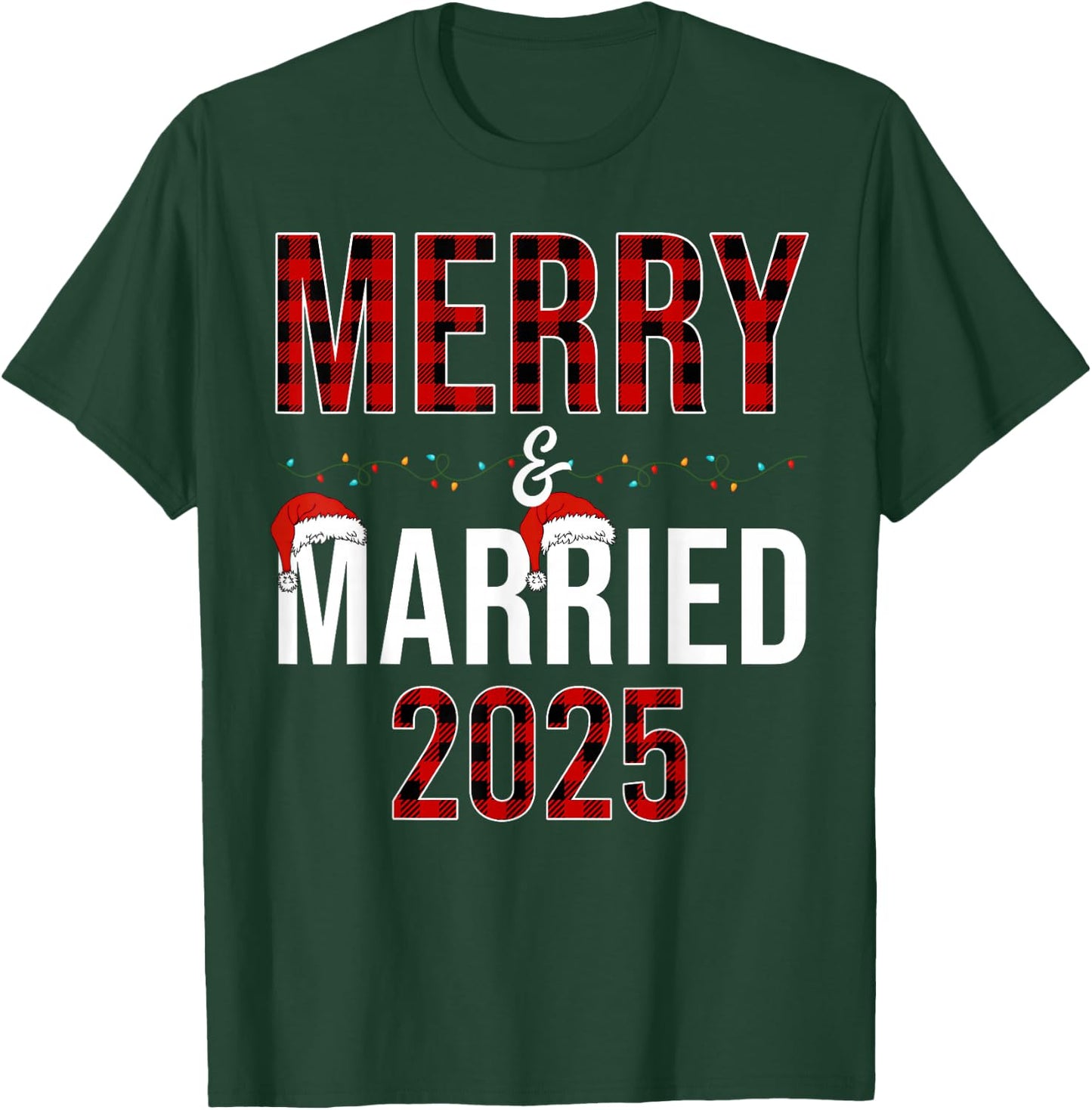 Merry And Married 2025 Red Plaid Christmas Couple Matching T-Shirt - T-Shirt | Forest