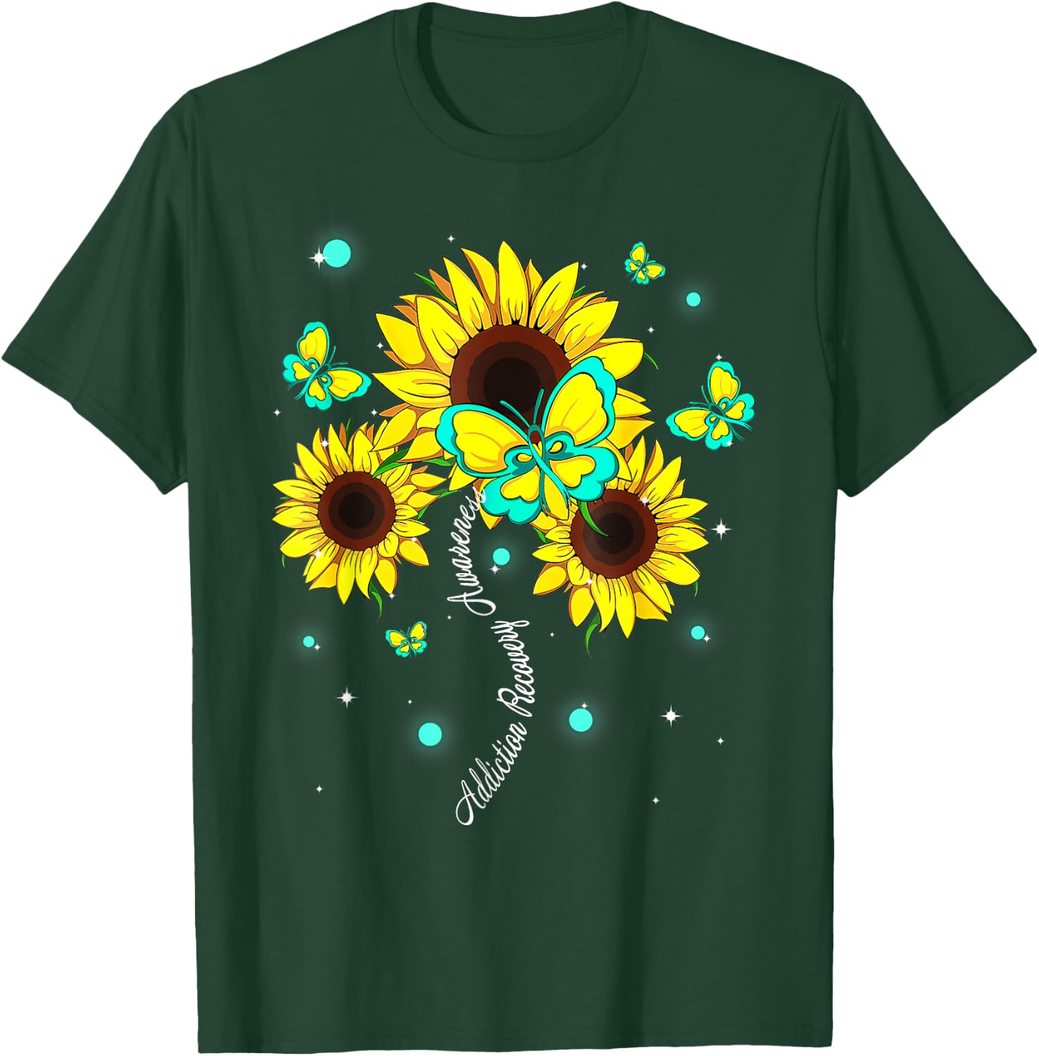 Addiction Recovery Awareness Sunflower Butterfly Ribbon T-Shirt - T-Shirt | Forest