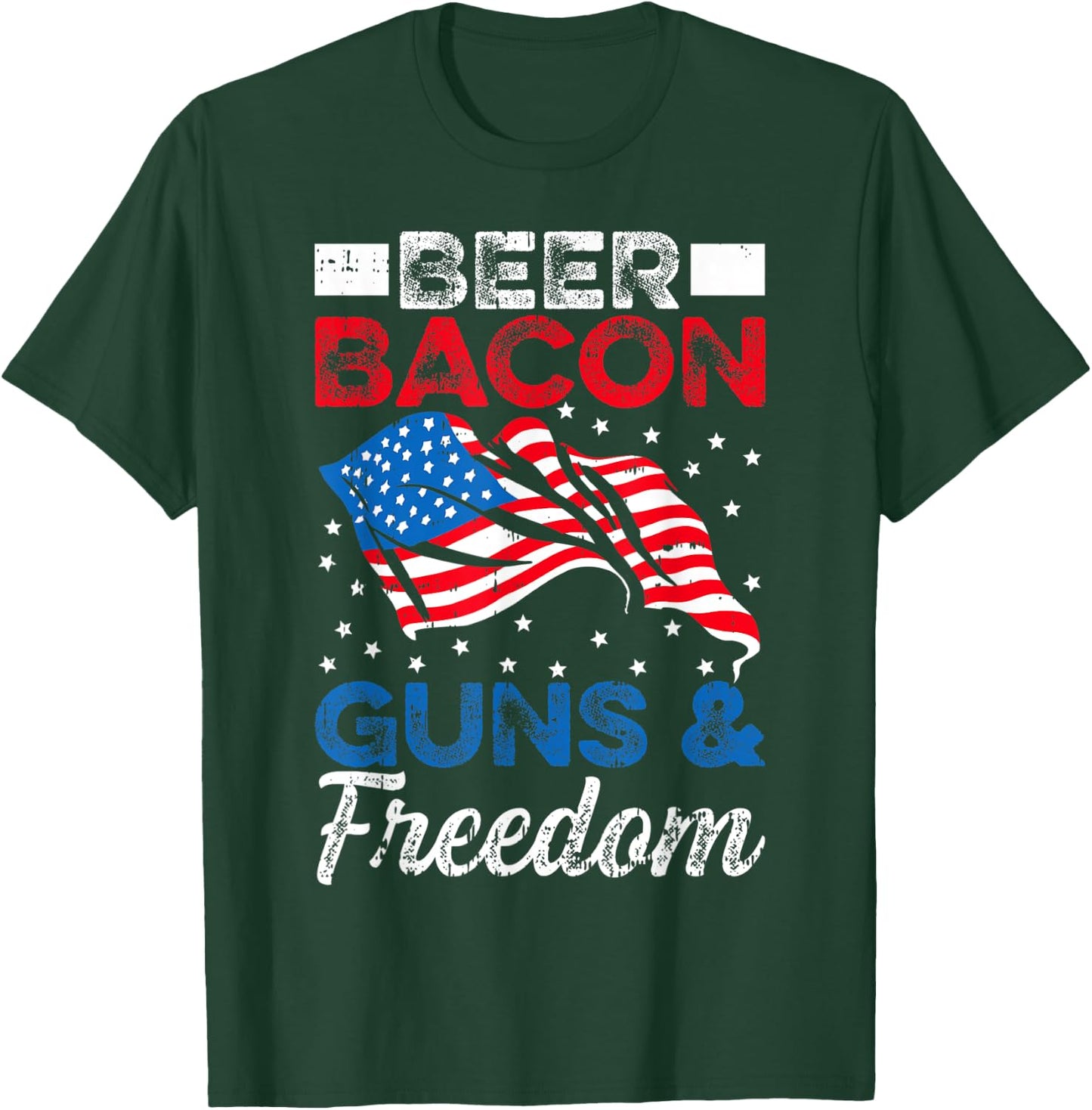 USA Flag Beer Bacon Guns And Freedom 4th Of July Veterans Men T-Shirt - T-Shirt | Forest