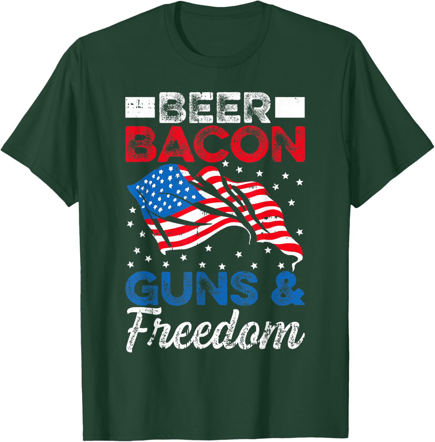 USA Flag Beer Bacon Guns And Freedom 4th Of July Veterans Men T-Shirt - T-Shirt | Forest