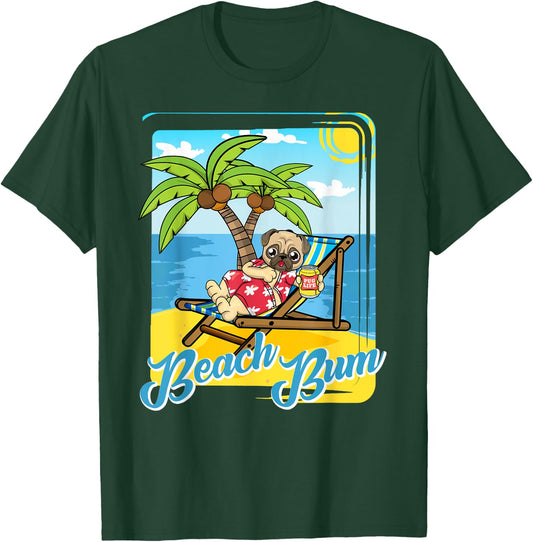 Beach Bum Pug Dog with Beer on Tropical Beach Vacation Women T-Shirt - T-Shirt | Forest