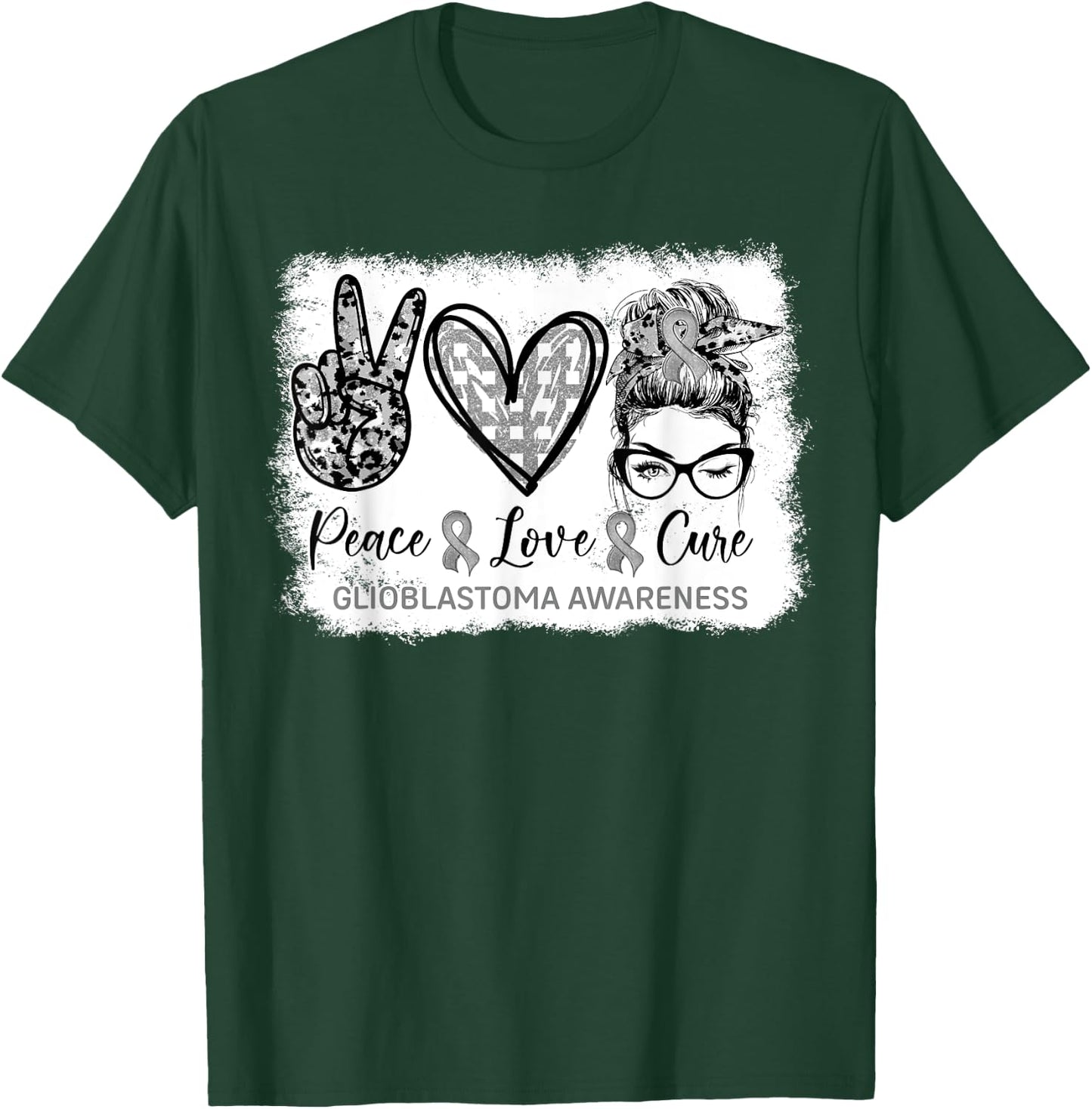 Messy Bun Peace Love Cure Gray Ribbon Glioblastoma Awareness T-Shirt - T-Shirt | Forest