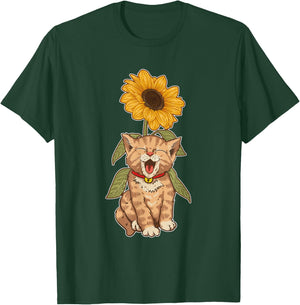 Cat Animal Kitten Yellow Flower Sunflower Pet Kitty Cat T-Shirt - T-Shirt | Forest