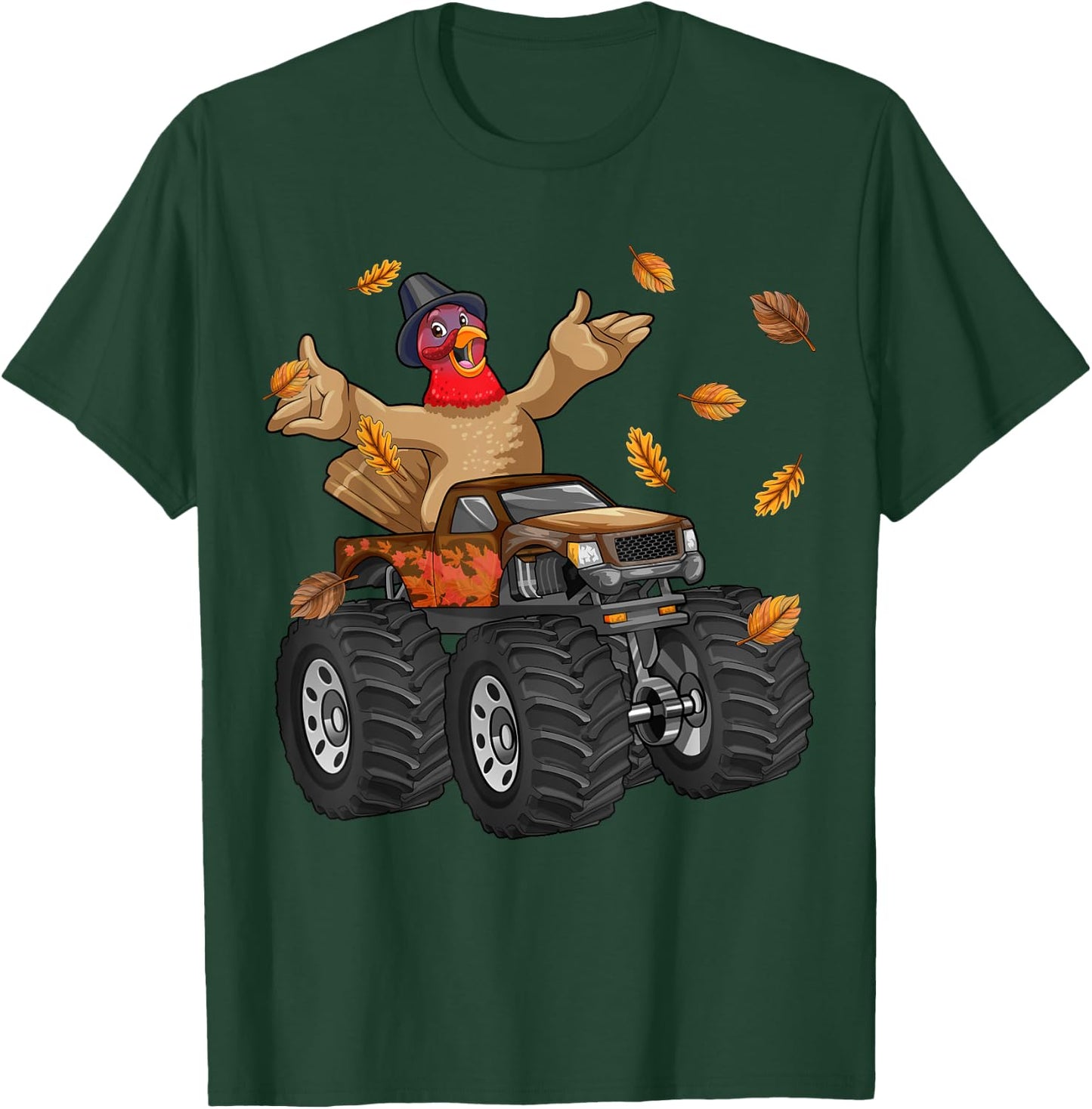 Thanksgiving Turkey Riding Monster Truck Funny Boys Kids T-Shirt - T-Shirt | Forest