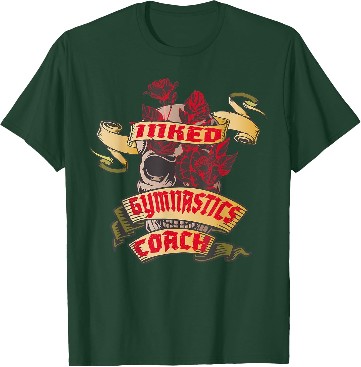Gymnastics Coach Inked Skull & Red Roses Tattoo T-Shirt - T-Shirt | Forest