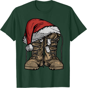 Military Boot Santa Hat Christmas Veteran Combat Soldier T-Shirt - T-Shirt | Forest
