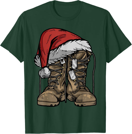 Military Boot Santa Hat Christmas Veteran Combat Soldier T-Shirt - T-Shirt | Forest