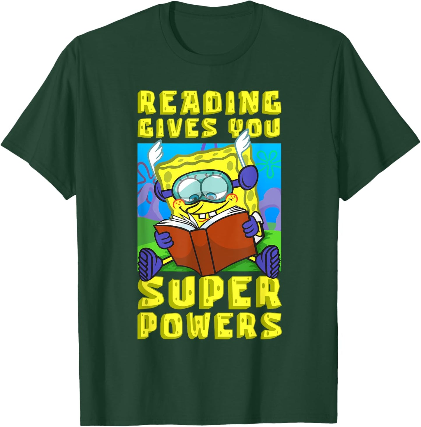Mademark x SpongeBob SquarePants - SpongeBob Reading Gives You Super Powers Book Stories Reader T-Shirt - T-Shirt | Forest