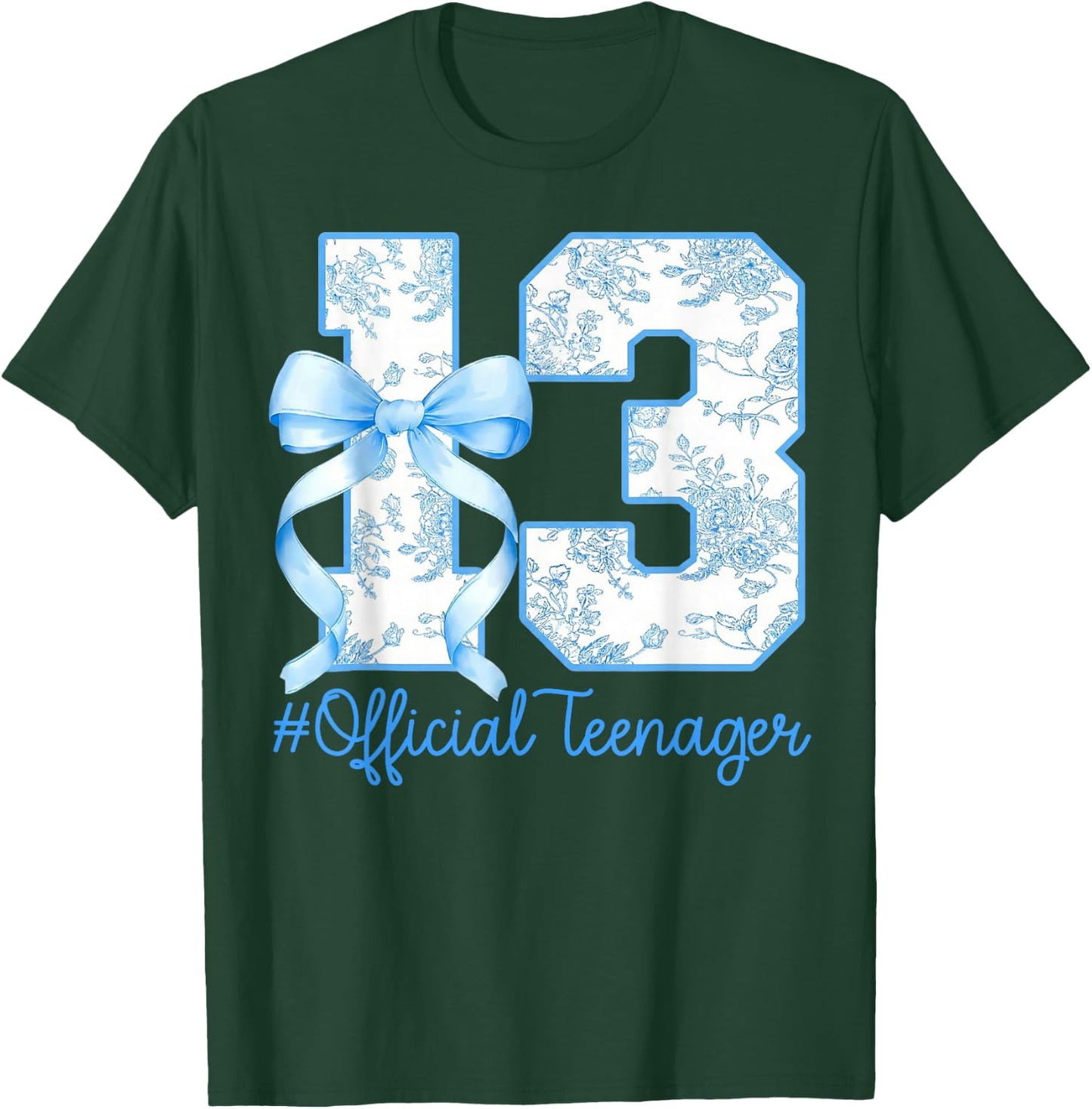 Official Teenager 13th Birthday Girl Bow Blue Floral Pattern T-Shirt - T-Shirt | Forest