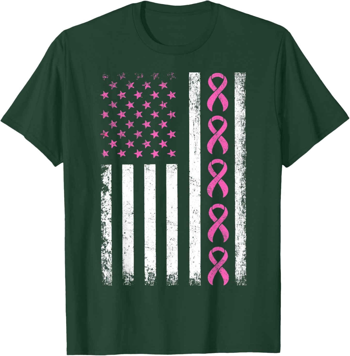 Breast Cancer Awareness American Flag Distressed Women Kids Men T-Shirt - T-Shirt | Forest