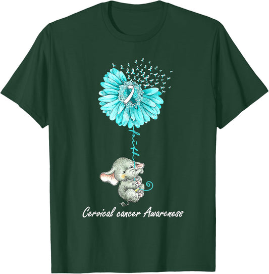 Teal Sunflower Elephant Cervical Cancer Awareness Gift T-Shirt - T-Shirt | Forest