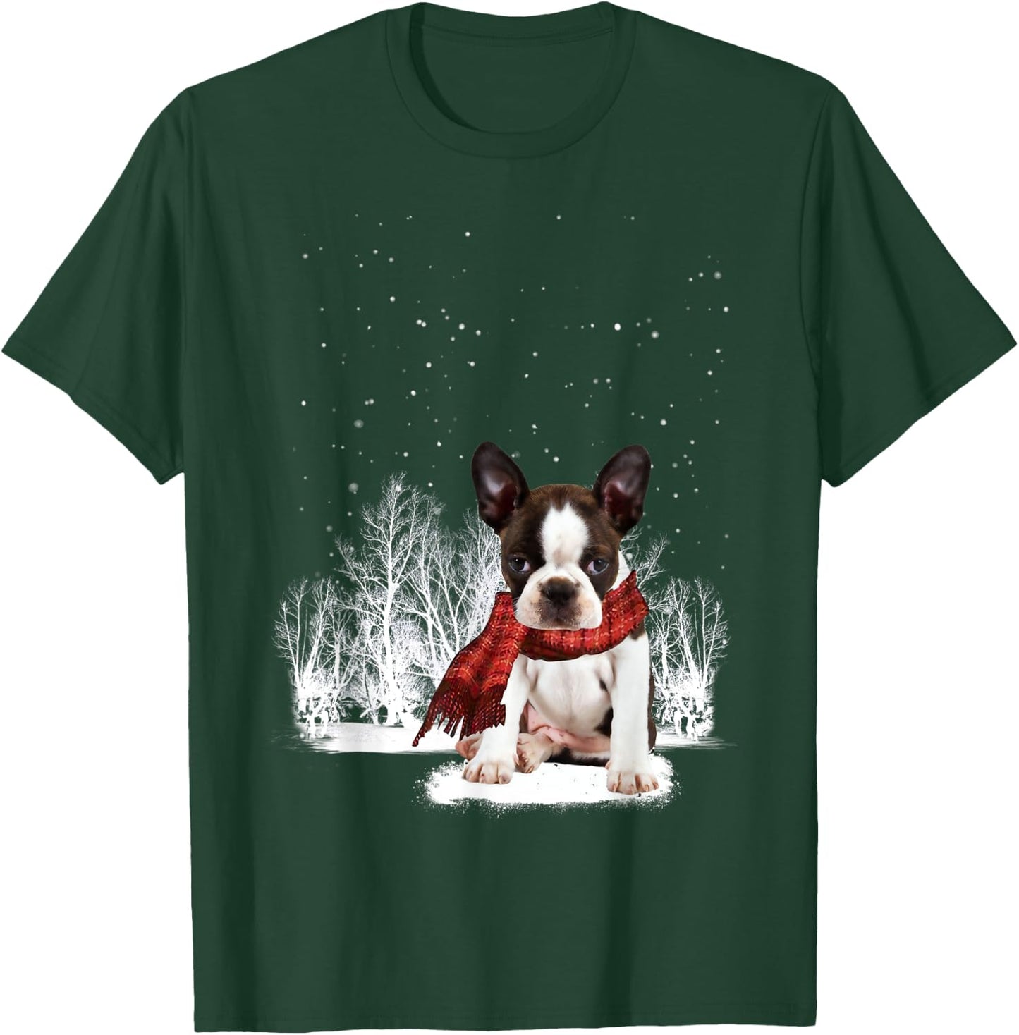 Boston Terrier In The Snow Merry Christmas Winter Gift T-Shirt - T-Shirt | Forest
