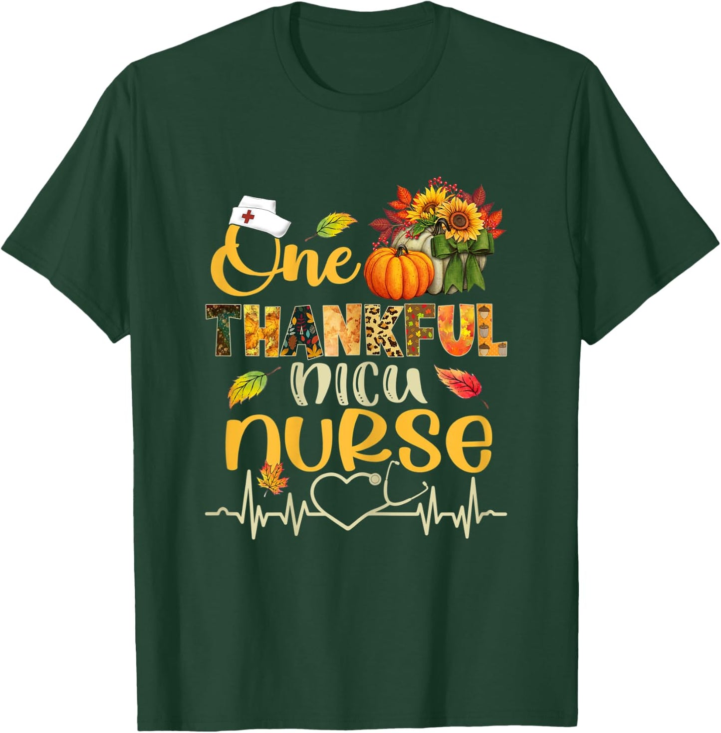 One Thankful NICU Nurse Pumpkin Stethoscope Thanksgiving T-Shirt - T-Shirt | Forest