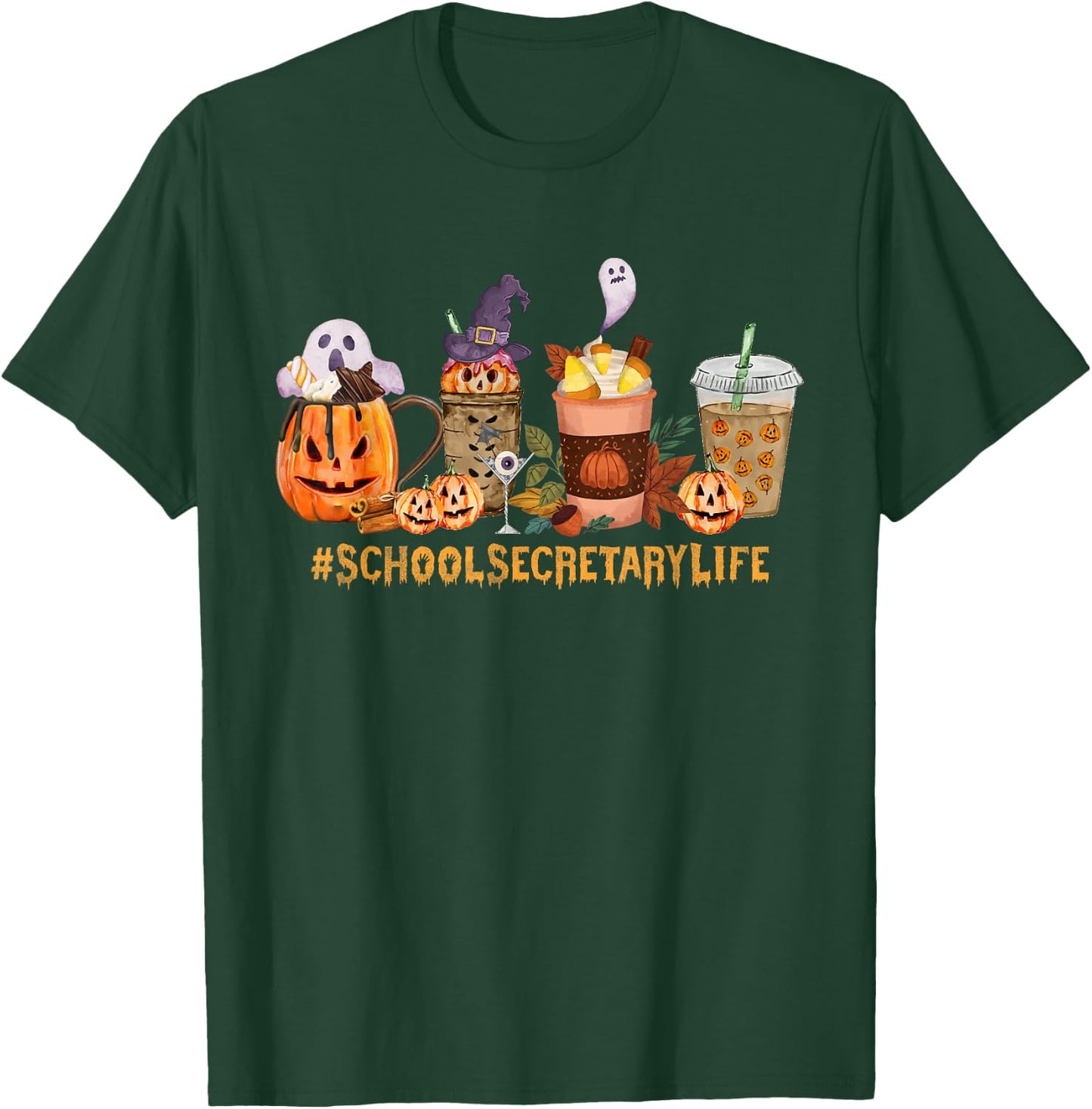 School Secretary Horror Fall Coffee Halloween Pumpkin Autumn T-Shirt - T-Shirt | Forest
