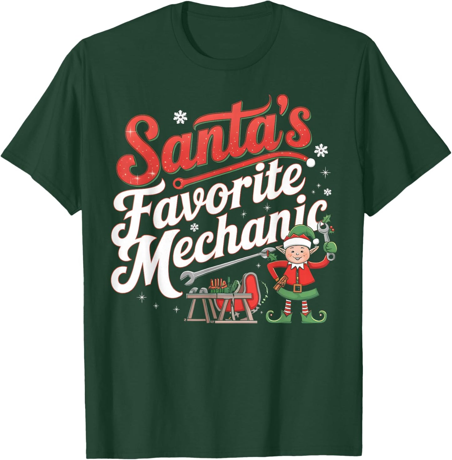 Santa’s Favorite Mechanic Funny Christmas Car Auto Repair T-Shirt - T-Shirt | Forest