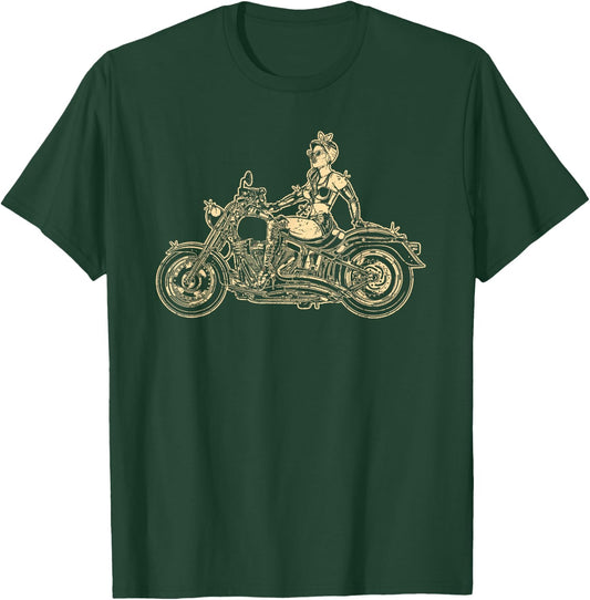 Classic Motorcycle Pin-up Girl Biker Retro T-Shirt - T-Shirt | Forest