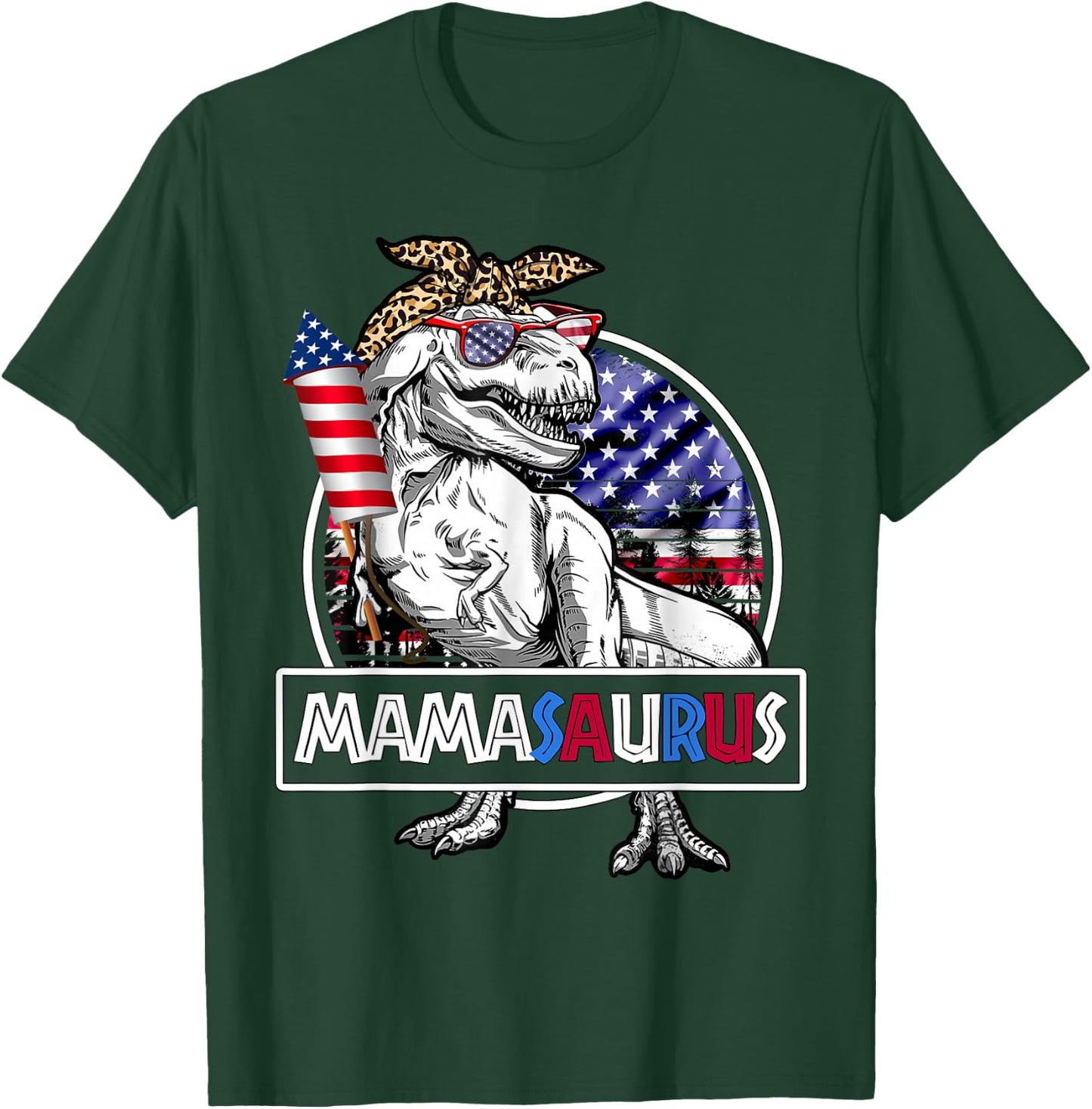 Mamasaurus T Rex Dinosaur Mama Saurus USA Flag 4th Of July T-Shirt - T-Shirt | Forest