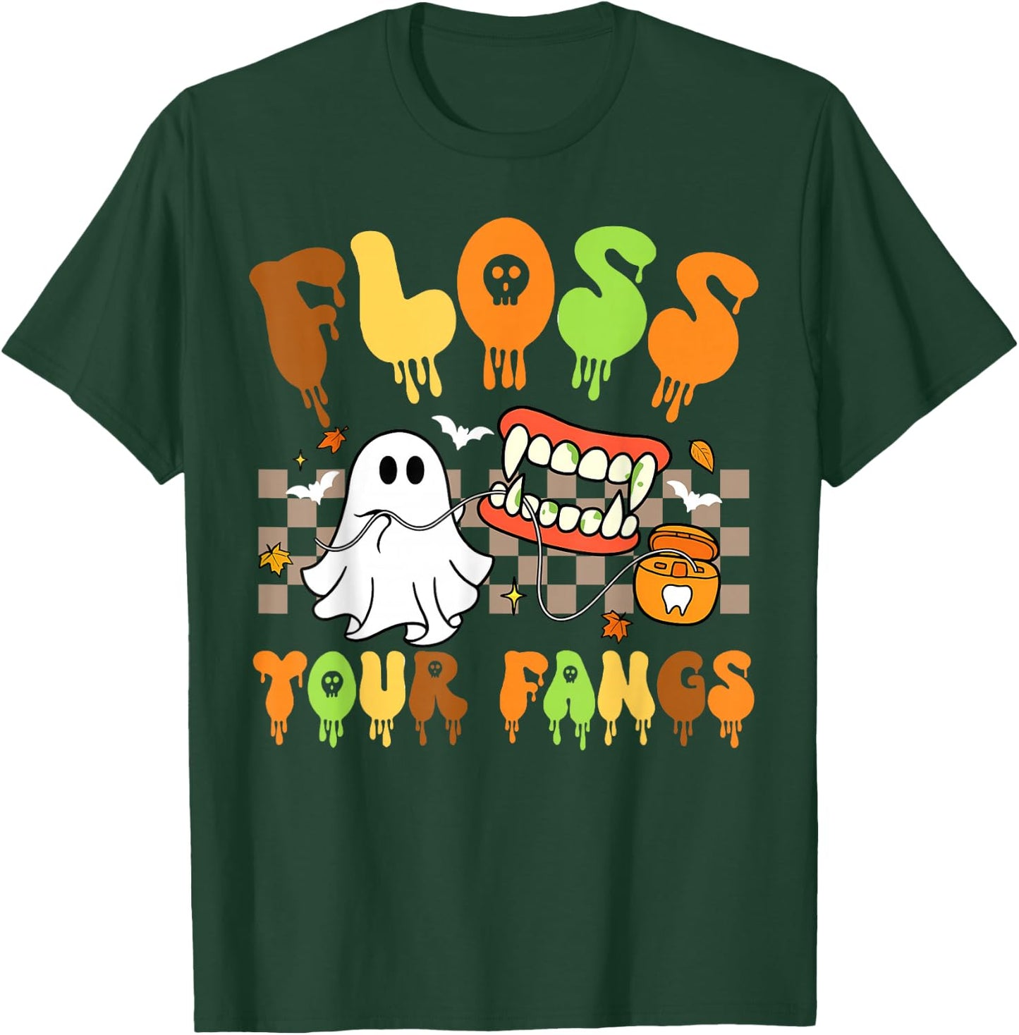 Retro Funny Teeth Floss Your Fangs Dentist Dental Halloween T-Shirt - T-Shirt | Forest