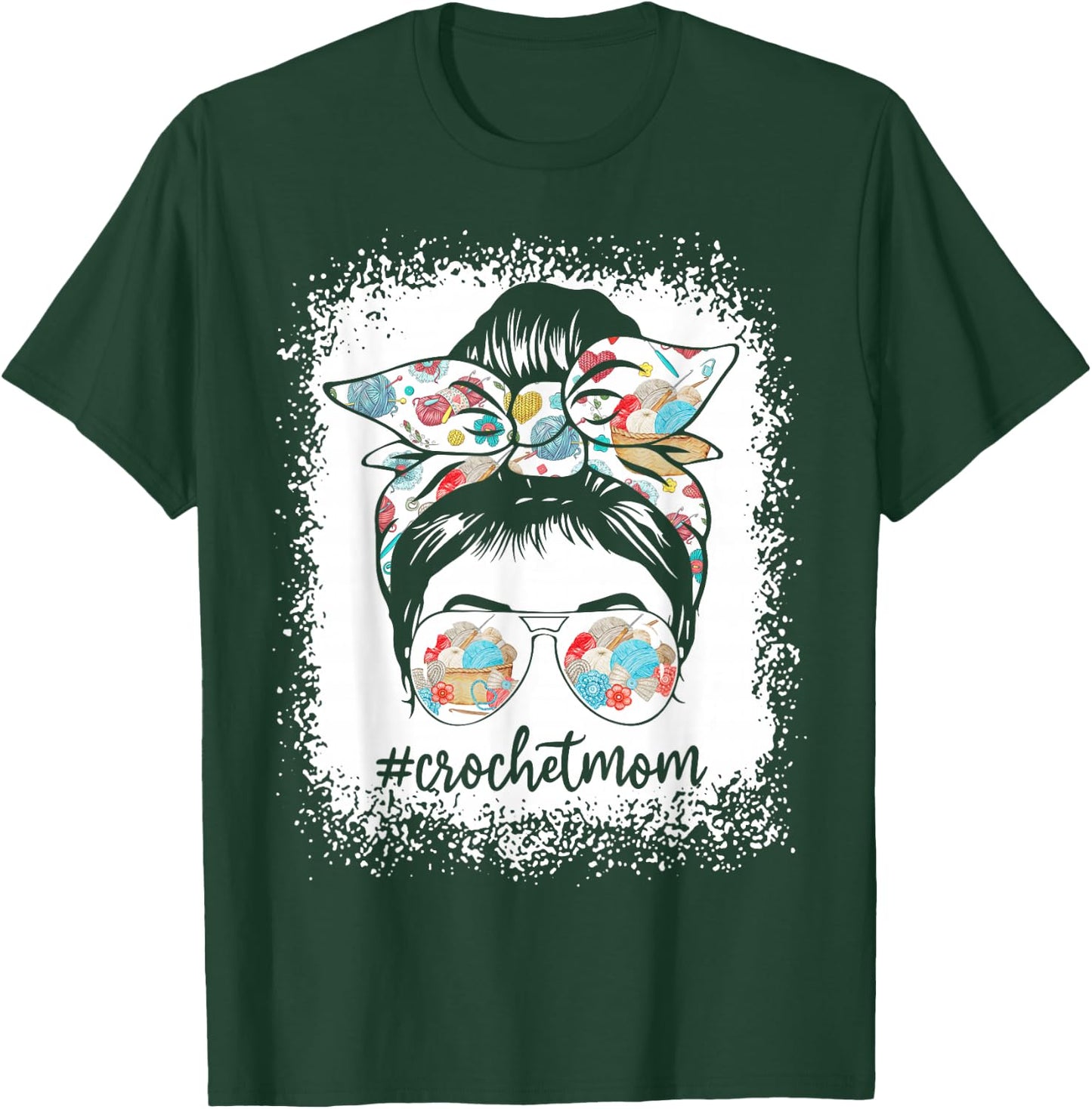 Women Bleached Crochet Mom Messy Bun Crochet Lover T-Shirt - T-Shirt | Forest