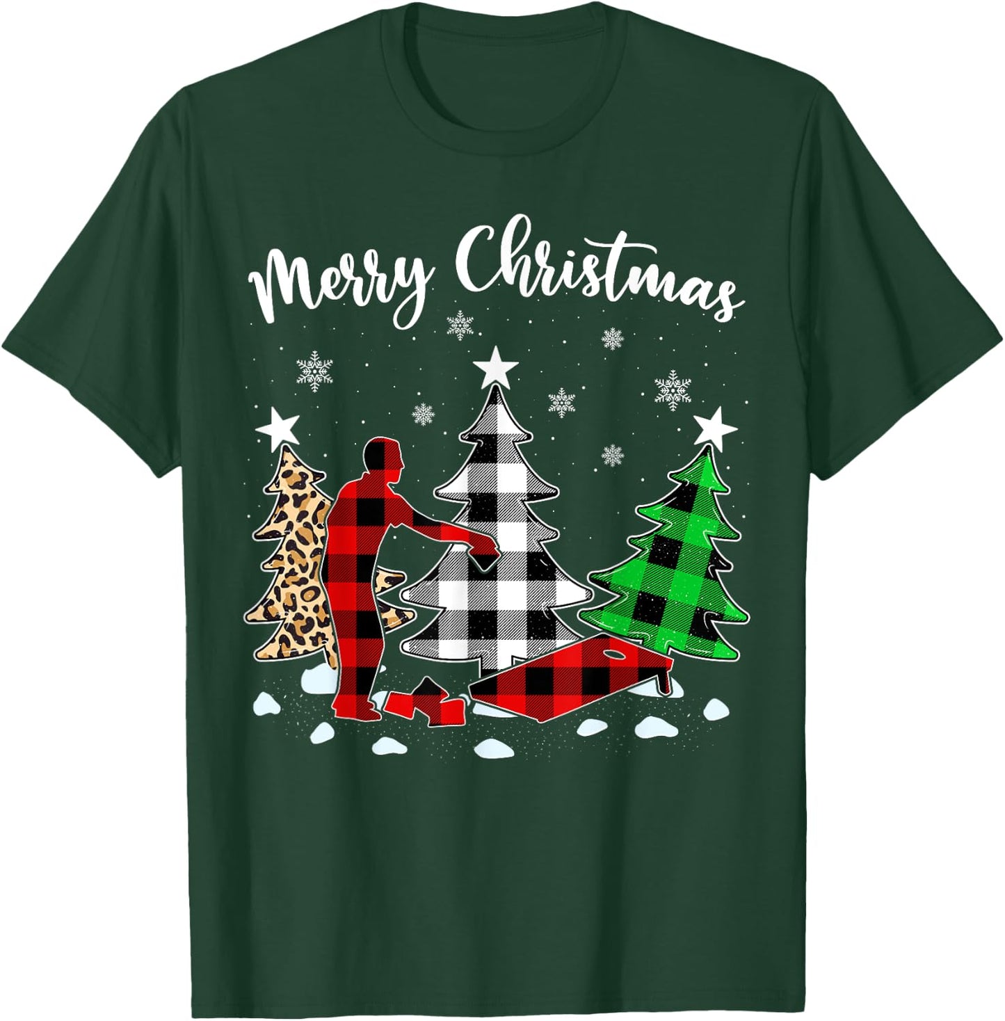 Leopard Buffalo Plaid Matching Cornhole Christmas Pajama T-Shirt - T-Shirt | Forest