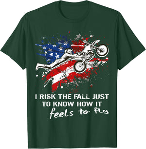 Motocross Dirtbike Motorcycle MX Us Flag Risk the fall Jump T-Shirt - T-Shirt | Forest