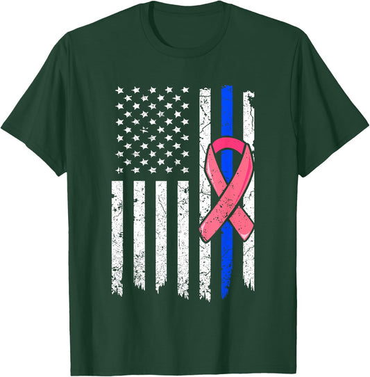 Breast Cancer Police American Flag Shirt Pink Ribbon Fighter T-Shirt - T-Shirt | Forest