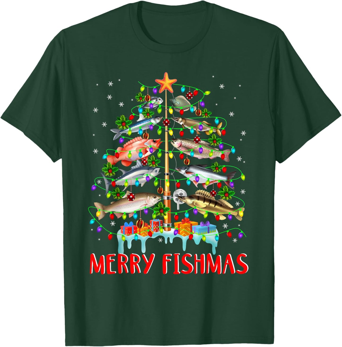 Merry Fishmas Funny Christmas Tree Lights Fish Fishing Rod T-Shirt - T-Shirt | Forest
