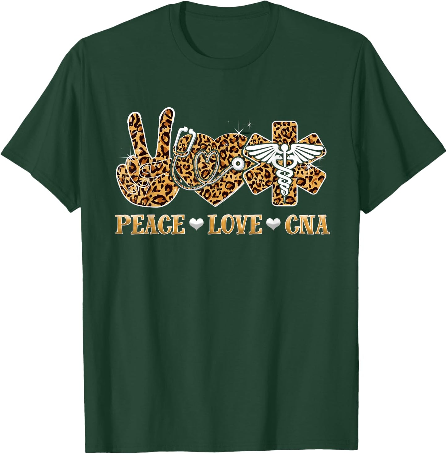 Peace Love Cna Nurse Life Leopard Print Stethoscope Heart T-Shirt - T-Shirt | Forest