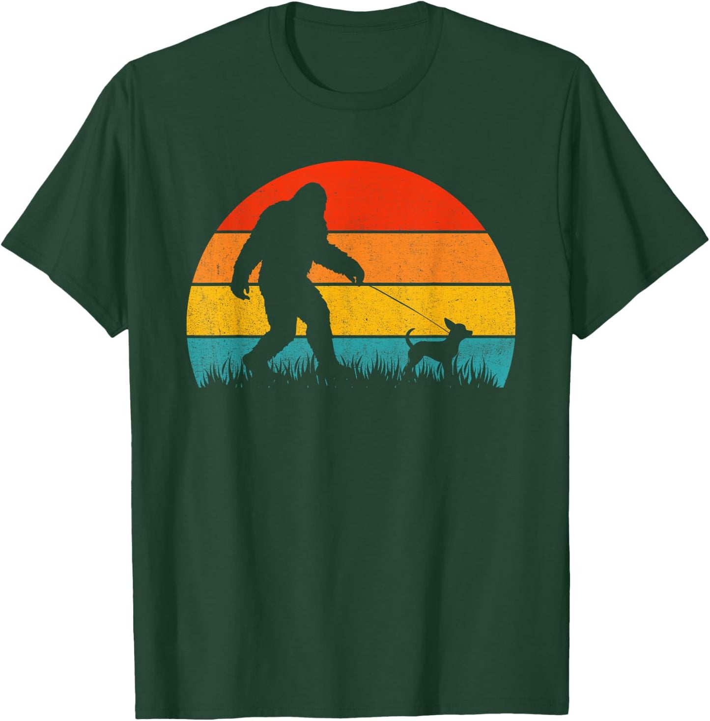 Bigfoot Walking Retro Sunset Off Sasquatch & Chihuahua Dog T-Shirt - T-Shirt | Forest