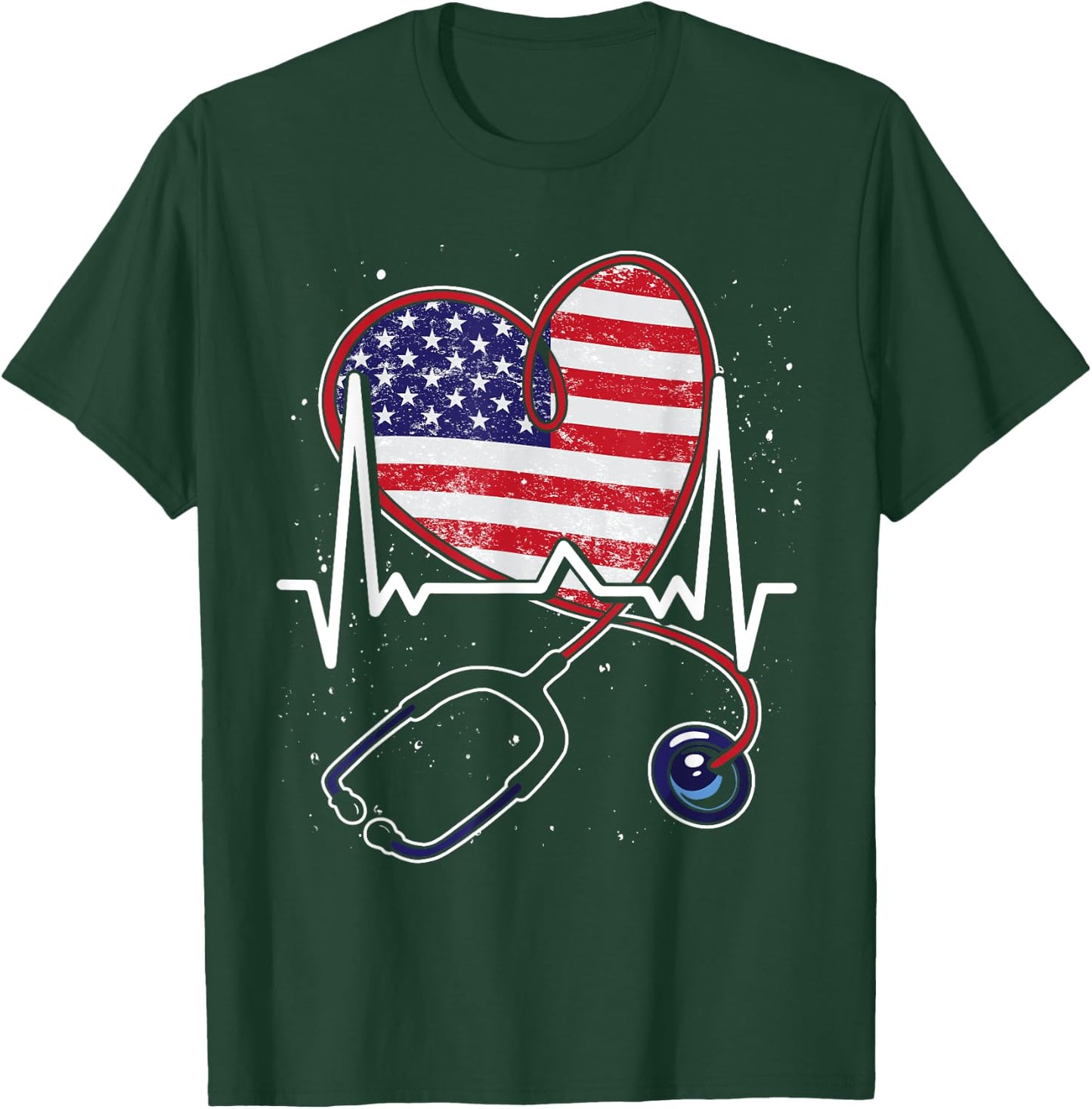 Heart US Flag RN Patriotic LPN Heartbeat Stethoscope Nurse T-Shirt - T-Shirt | Forest