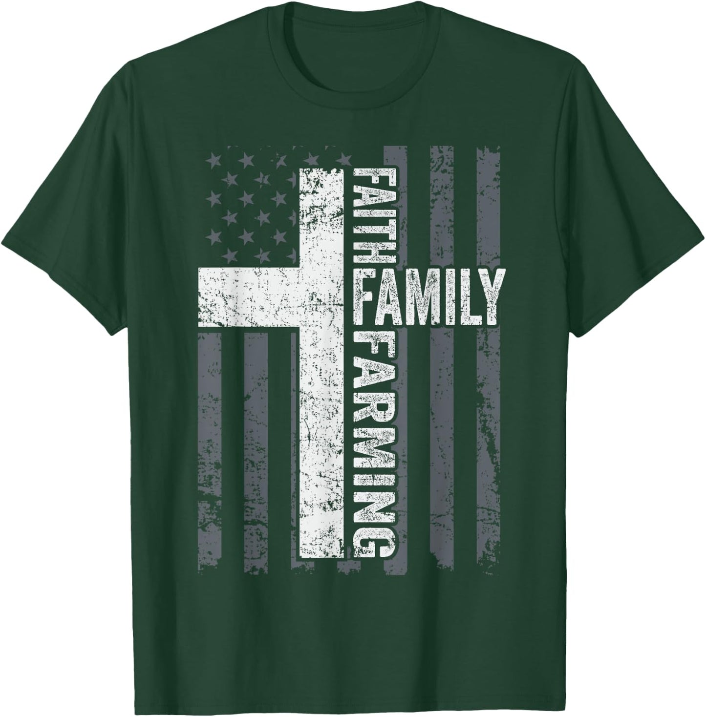Faith Family Farming Freedom - American Farmer Cross Flag T-Shirt - T-Shirt | Forest