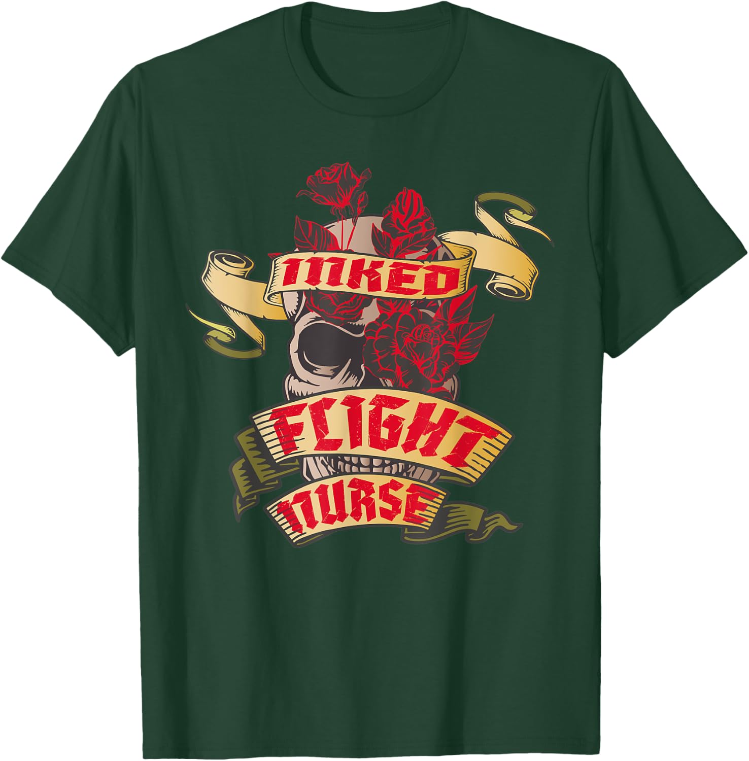 Flight Nurse Inked Skull & Red Roses Tattoo T-Shirt - T-Shirt | Forest